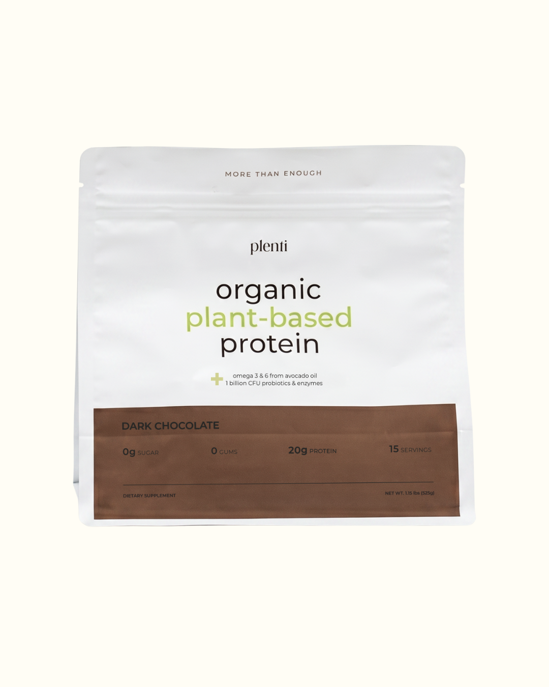 A stand-up pouch of Plenti Organic Plant-Based Protein powder in Dark Chocolate flavor, shown against a solid off-white background.