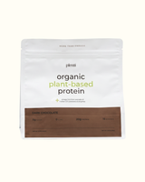 A stand-up pouch of Plenti Organic Plant-Based Protein powder in Dark Chocolate flavor, shown against a solid off-white background.