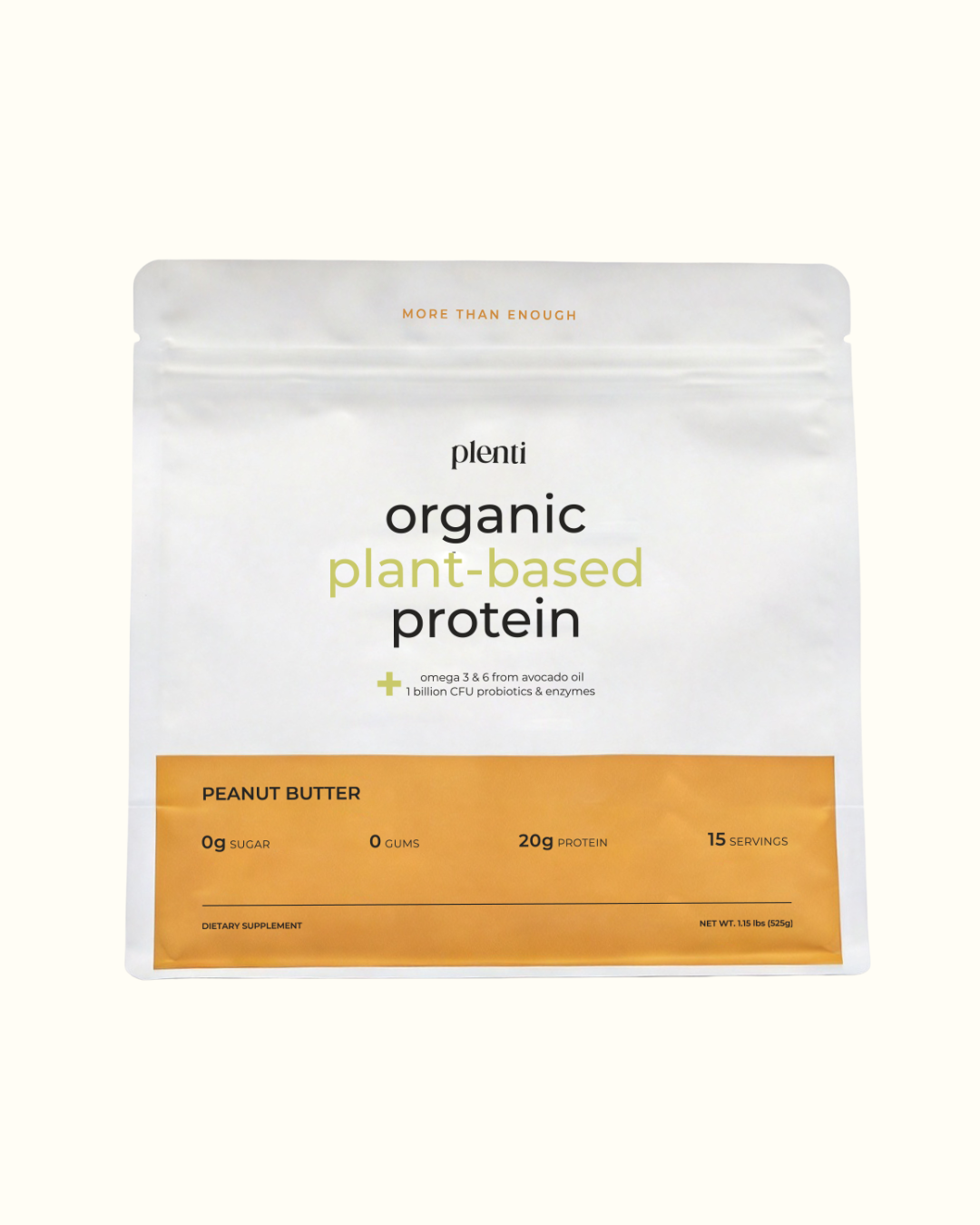A stand-up pouch of Plenti Organic Plant-Based Protein in Peanut Butter flavor, shown on a clean off-white background. The packaging is white with a prominent orange-brown band at the bottom and black and light green text.