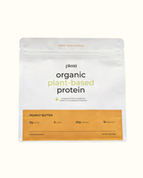 A stand-up pouch of Plenti Organic Plant-Based Protein in Peanut Butter flavor, shown on a clean off-white background. The packaging is white with a prominent orange-brown band at the bottom and black and light green text.