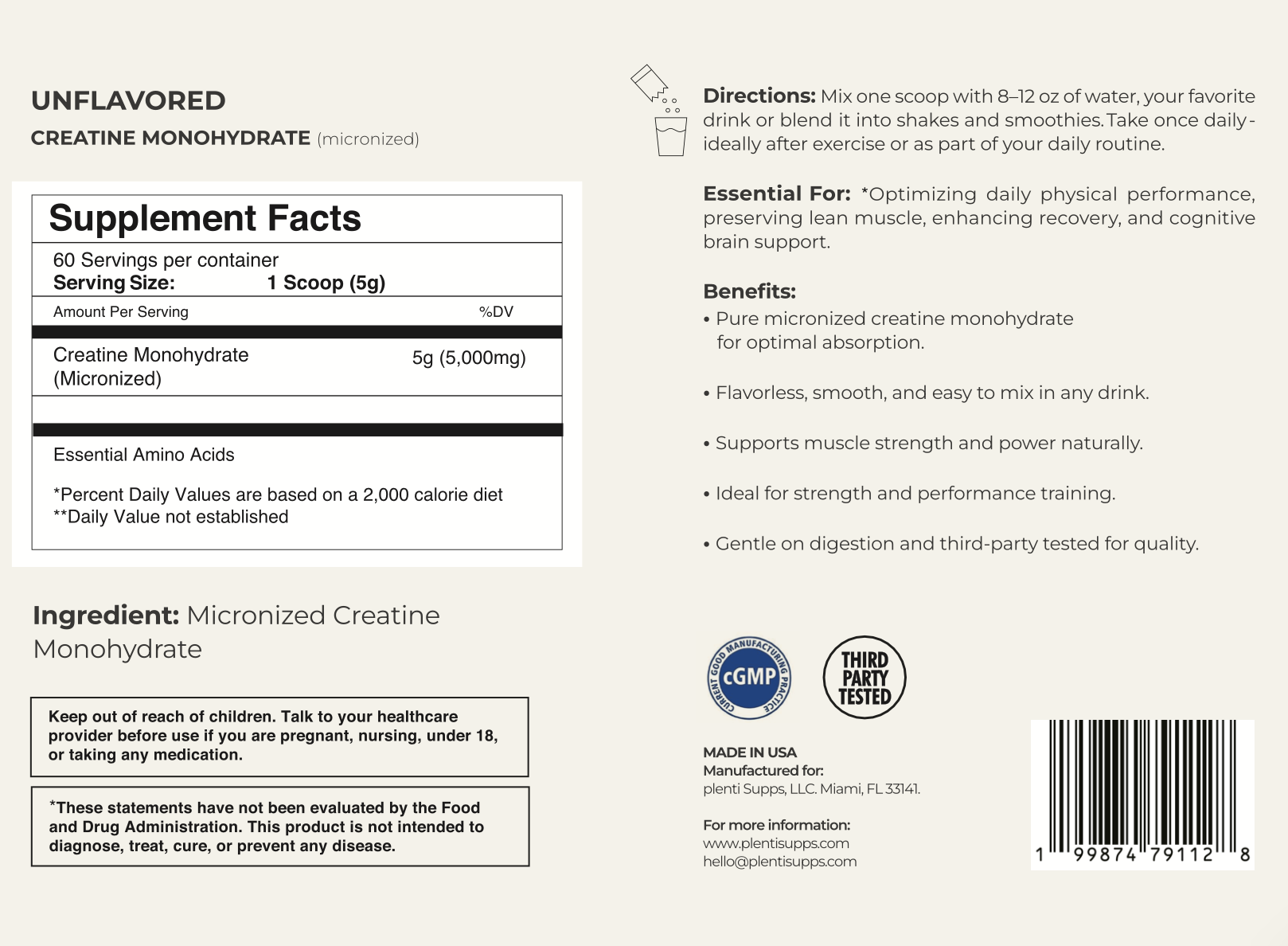 Creatine Monohydrate | Pure, Unflavored (60 Servings)